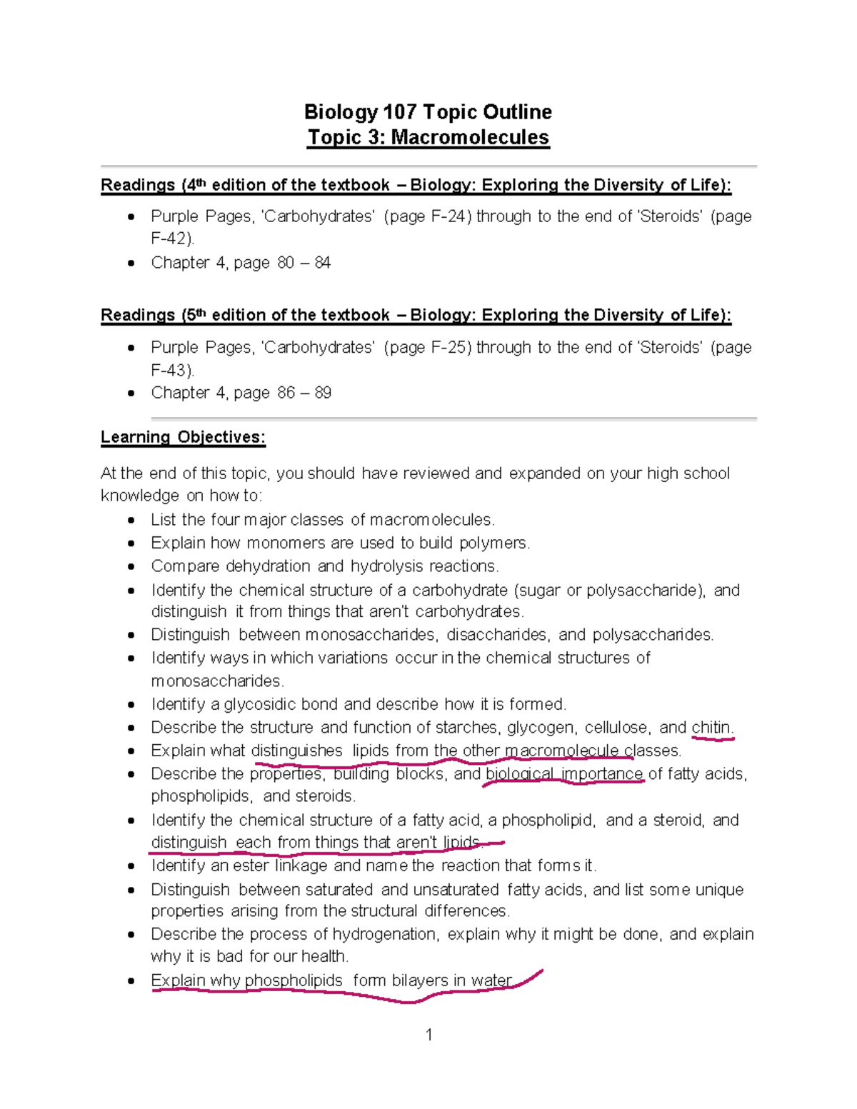 Biology 107 Final Exam Study Guide: Topic 3 - Macromolecules - Studocu