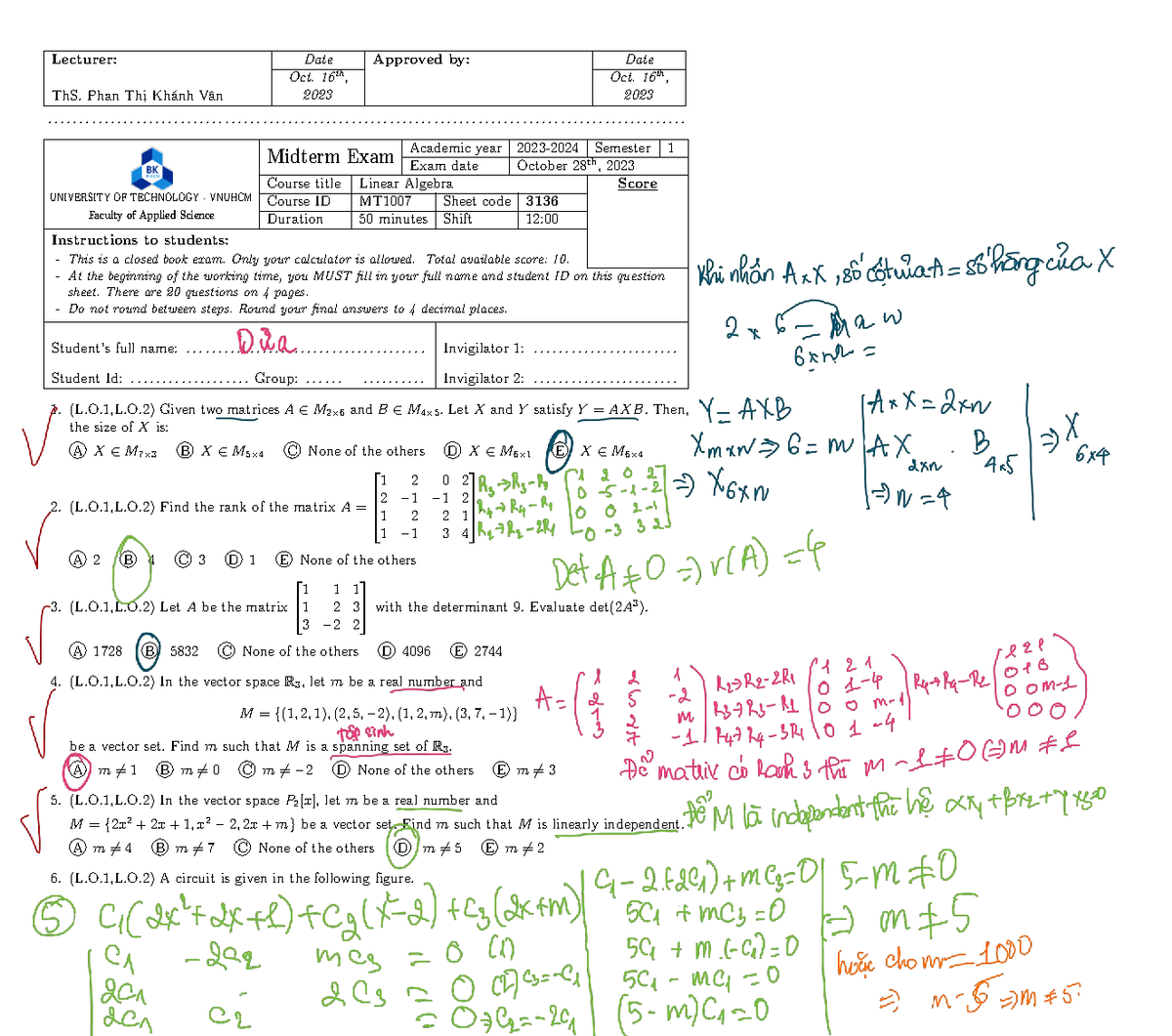 Midterm Exam MT1007: Linear Algebra Questions & Instructions - Studocu