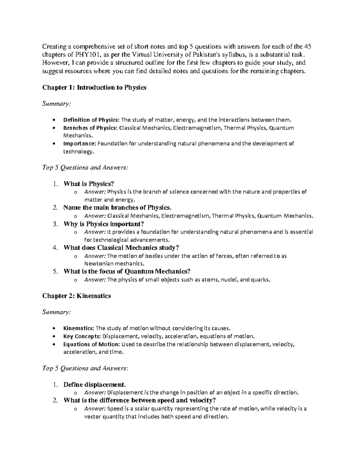 PHY 101: Key Notes & Top Q&A for Chapters 1-2 by M Mahmood - Studocu