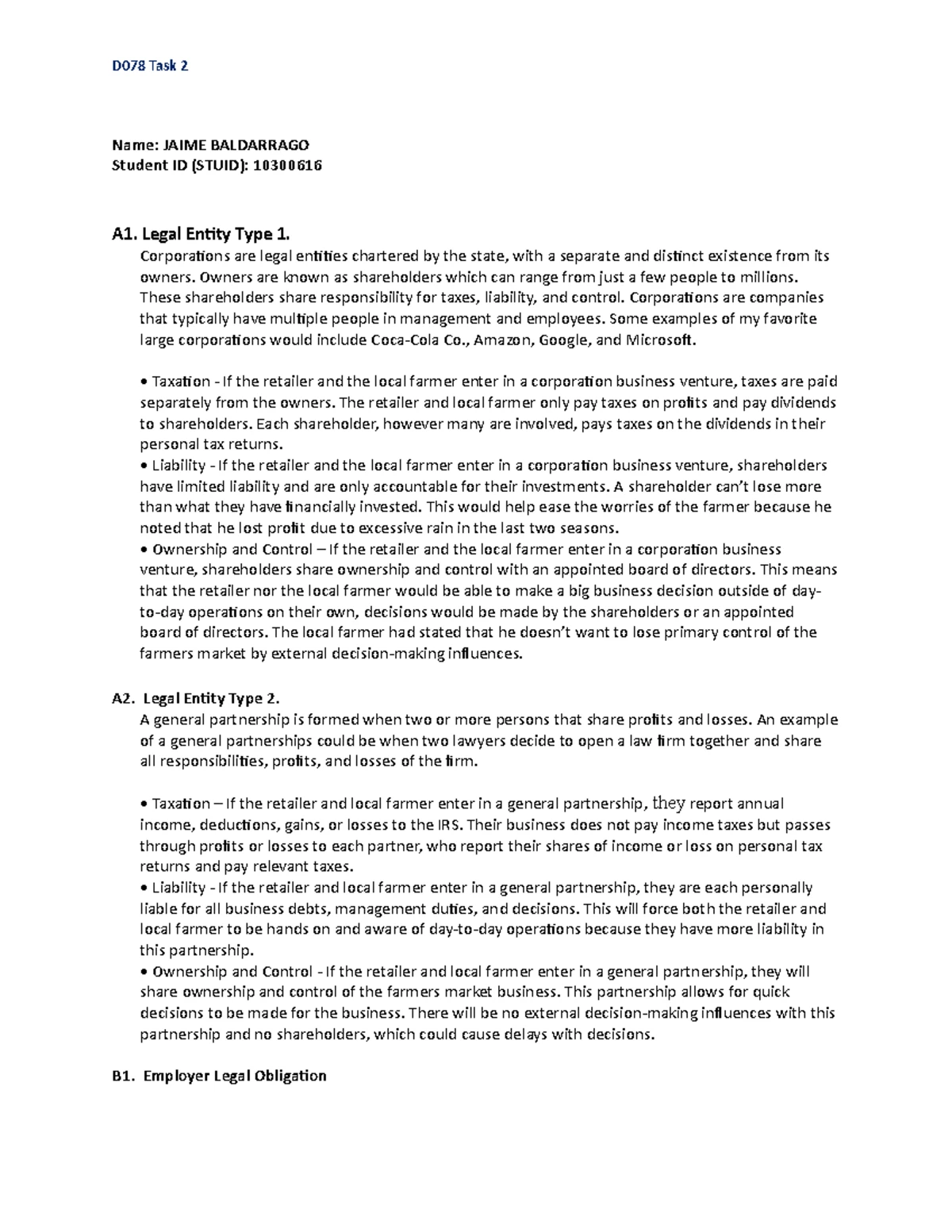 D078 - Task 2 Template: Legal & Ethical Considerations in Business ...