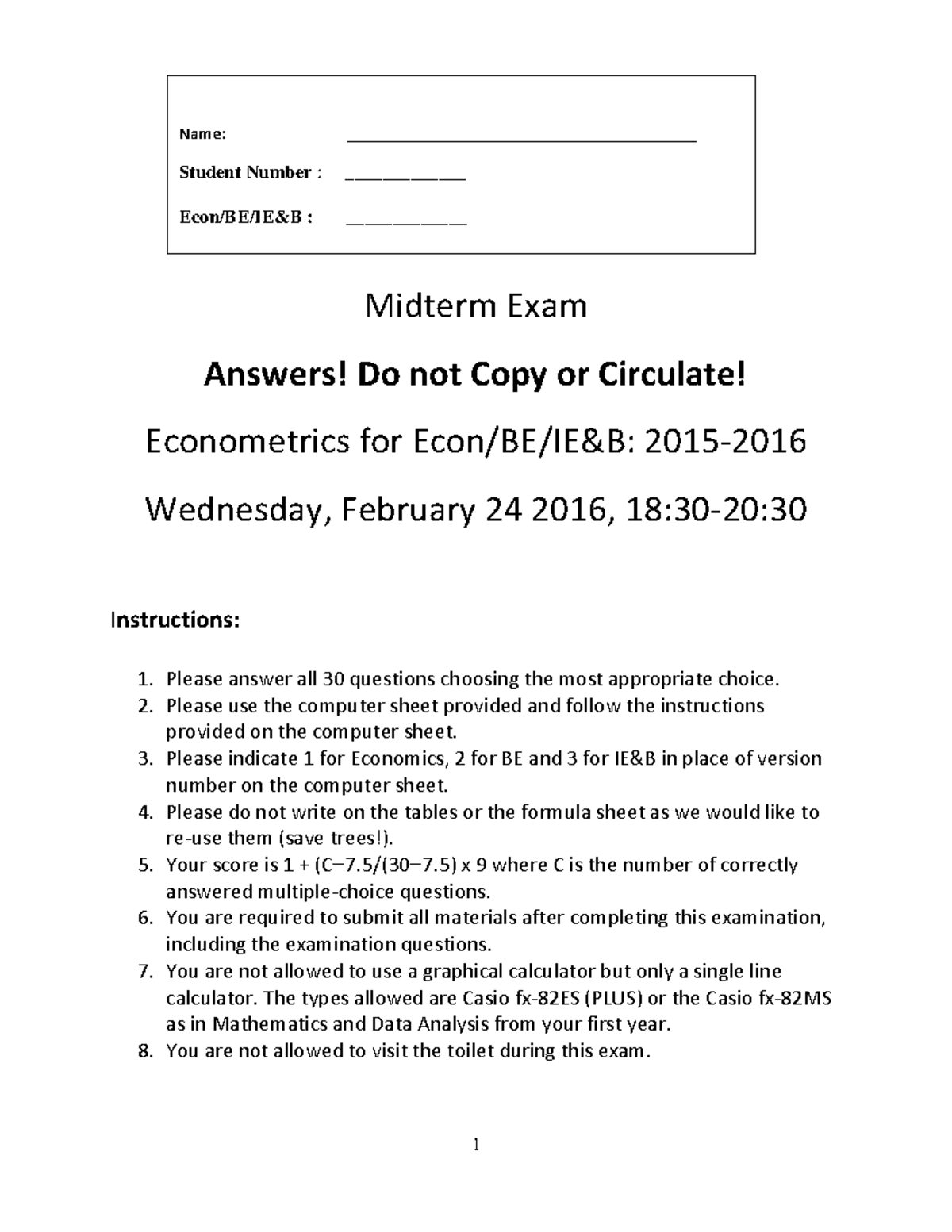 Midterm Exam Answers for Econometrics (24 Feb 2016) - Studeersnel