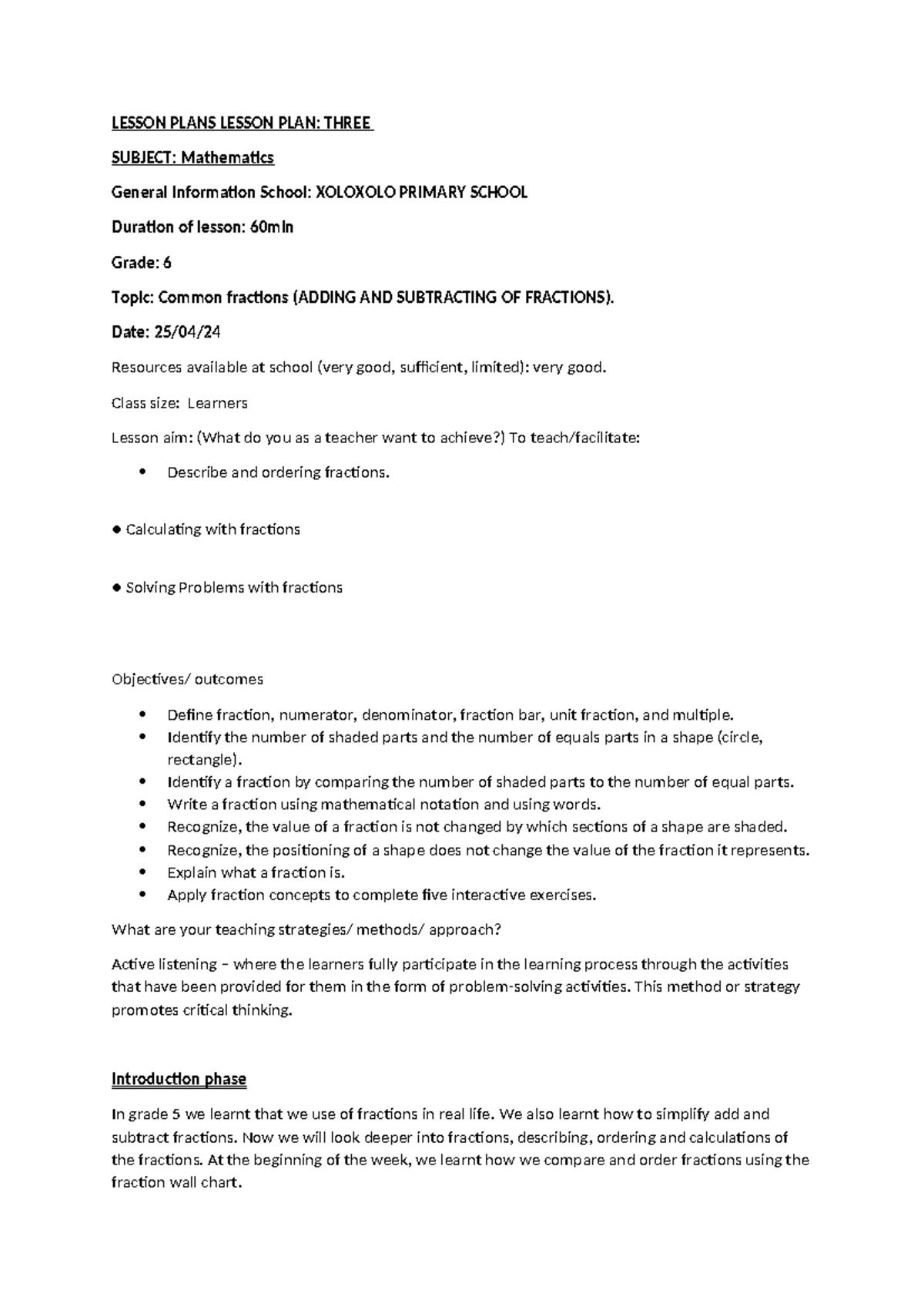 Grade 6 Maths Lesson Plan: Adding & Subtracting Fractions - Studocu