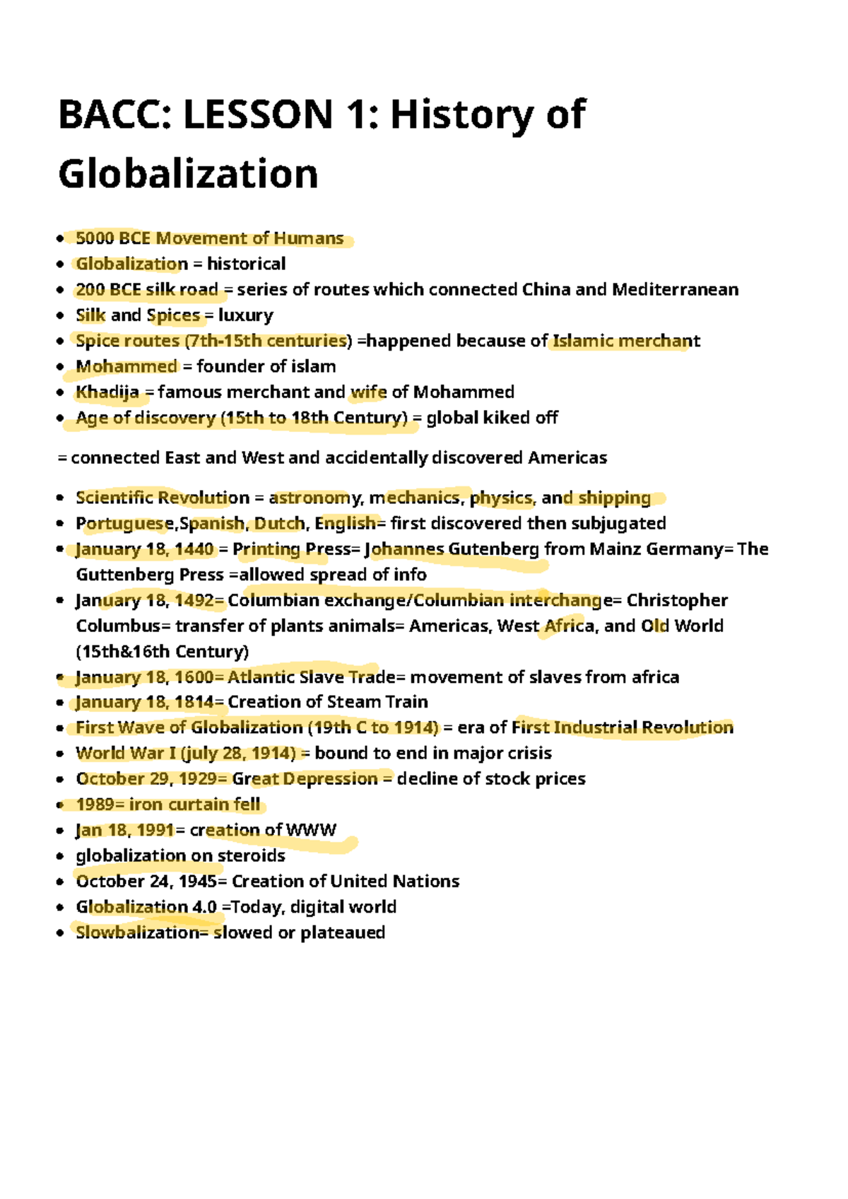 BACC: Lesson 1 - Overview of Globalization History and Key Events - Studocu