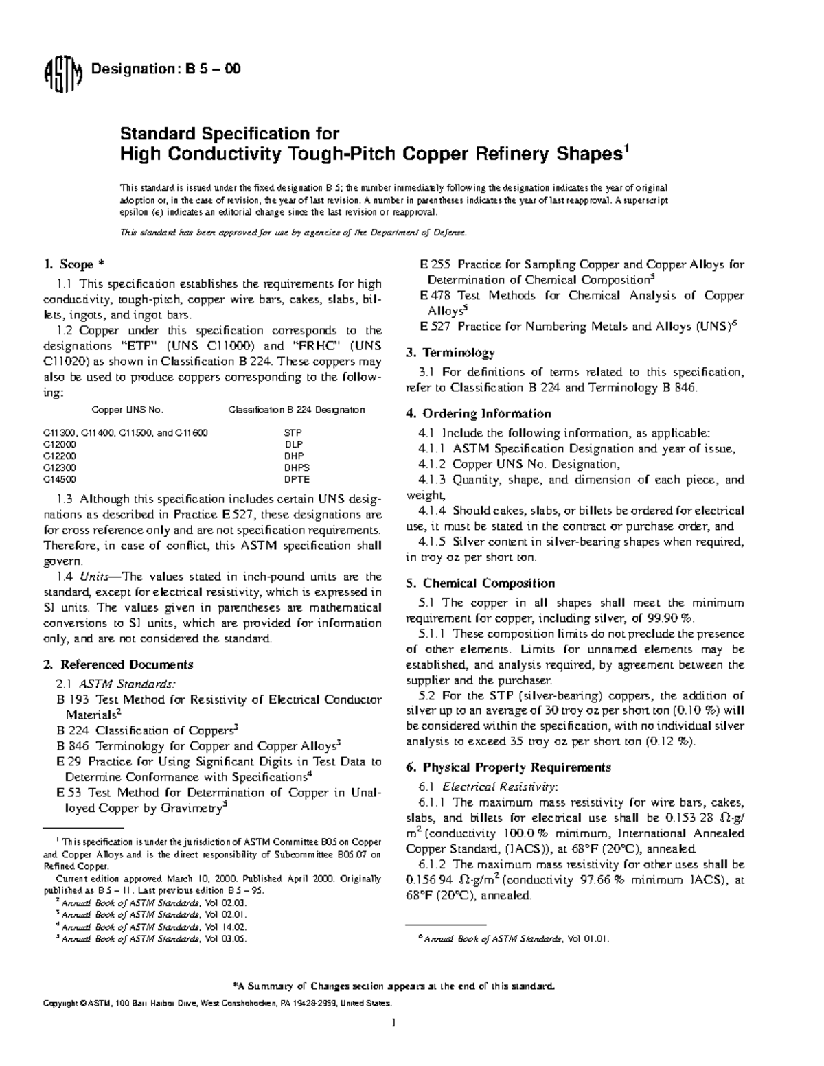 B 5 00 Standard Specification for High Conductivity Copper Shapes - Studocu