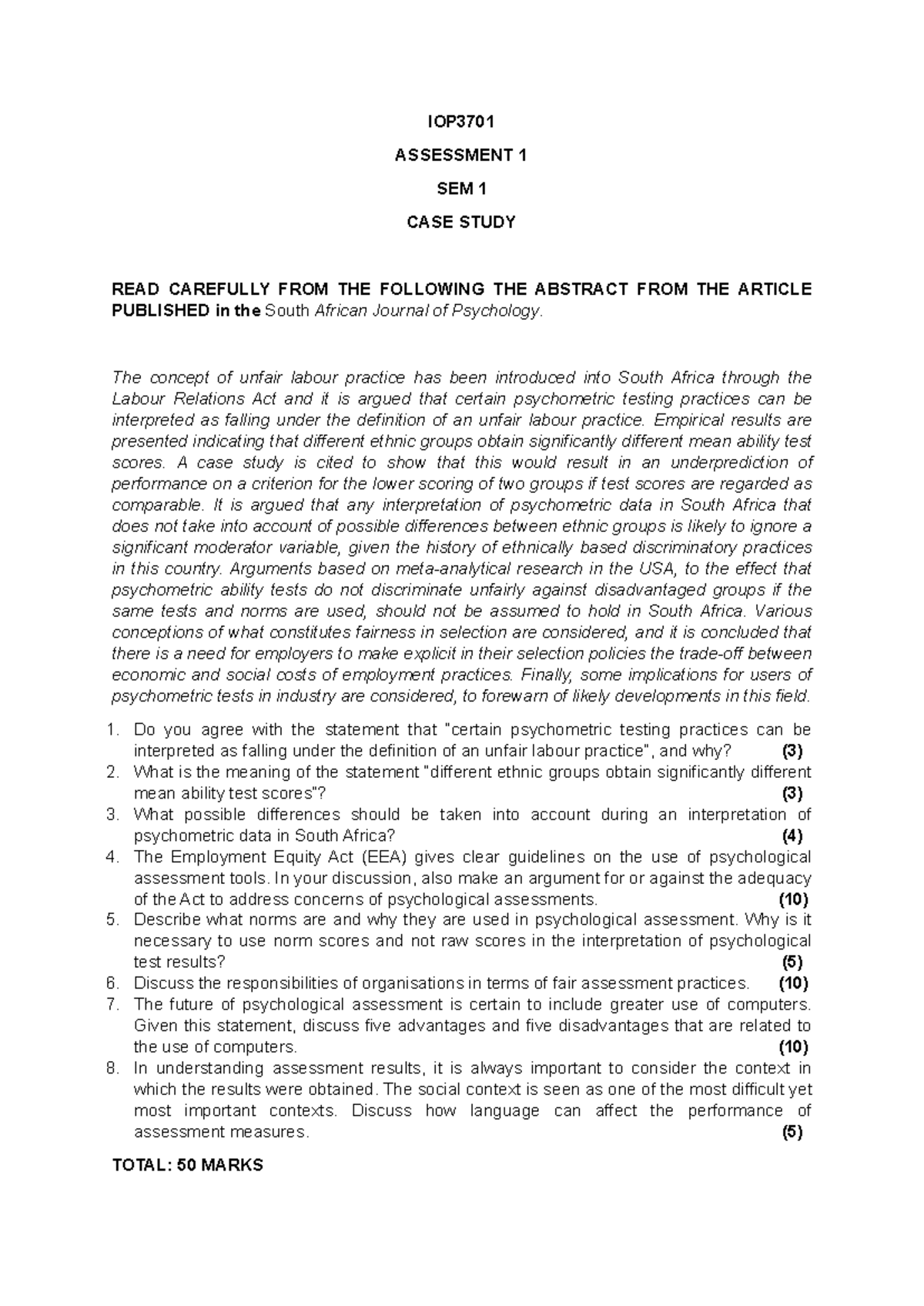 IOP3701 Case Study Assessment 1 Sem 1: Unfair Labour Practices in ...