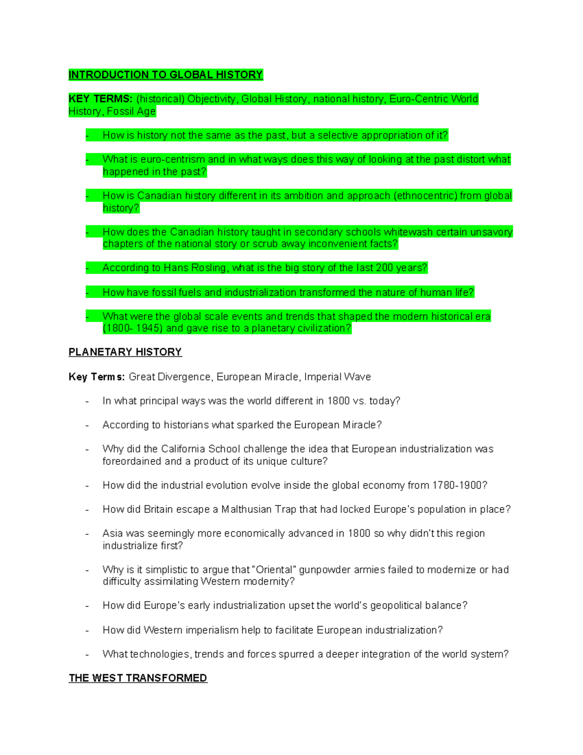 Midterm study sheet - INTRODUCTION TO GLOBAL HISTORY KEY TERMS ...