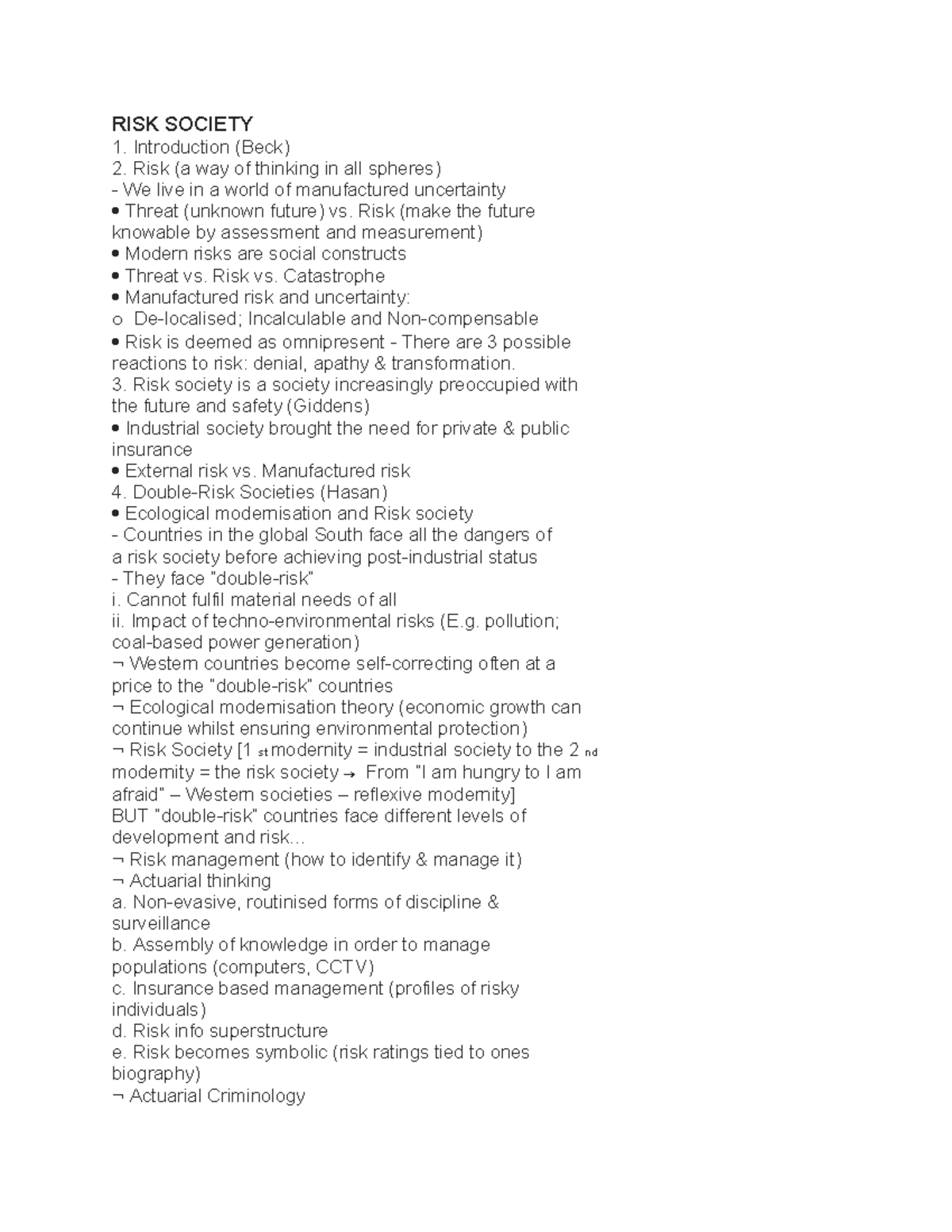 RISK SOCIETY - Lecture Notes on Modern Risks and Reactions - Studocu