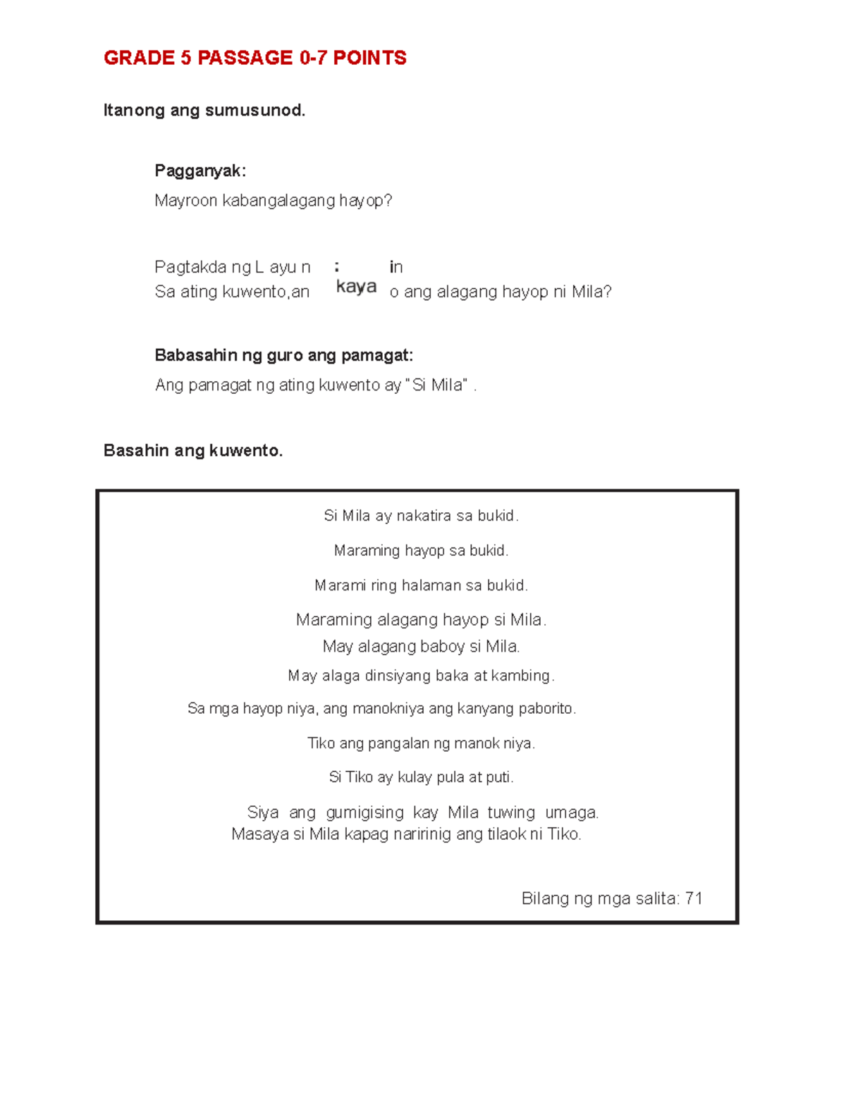Grade 5 Filipino Passage - PHIL-IRI Reading Comprehension Exercise ...