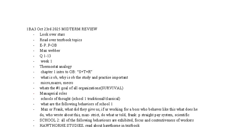 1BA3 MIDTERM REVIEW: Key Concepts in Organizational Behavior - Studocu
