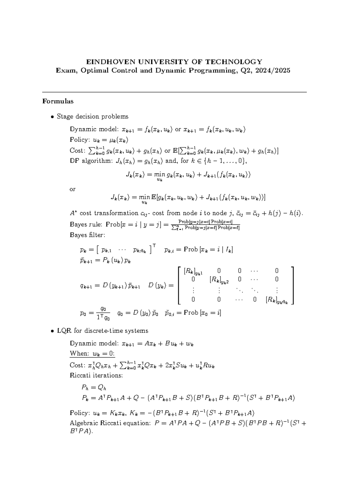 Optimal Control and Dynamic Programming Formulas - Q2, 2024 - Studeersnel