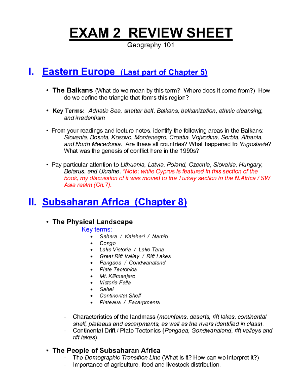 Exam II Review Guide for Geography 101 (Fa25) - Eastern Europe ...