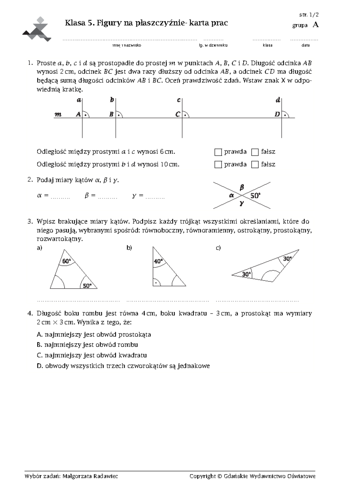 Figury Na Płaszczyźnie Klasa 6 Karta Pracy www.studocu.com