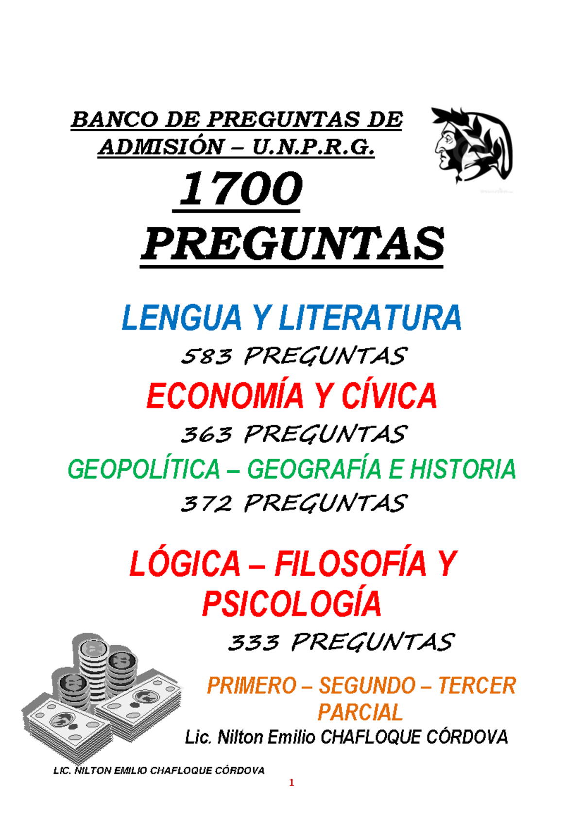 BANCO DE PREGUNTAS DE ADMISIÓN U.N.P.R.G. - LENGUA Y LITERATURA, ECONOMÍA, - Document Preview
