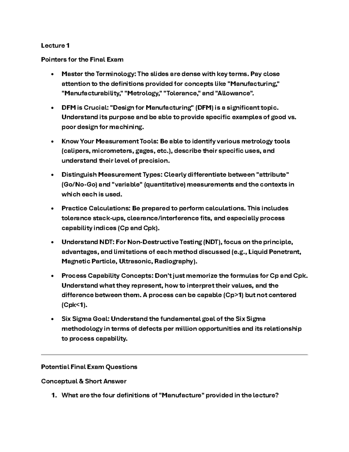 MIAE 311 Study Guide: Key Concepts from Lectures 1-8 for Final Exam ...