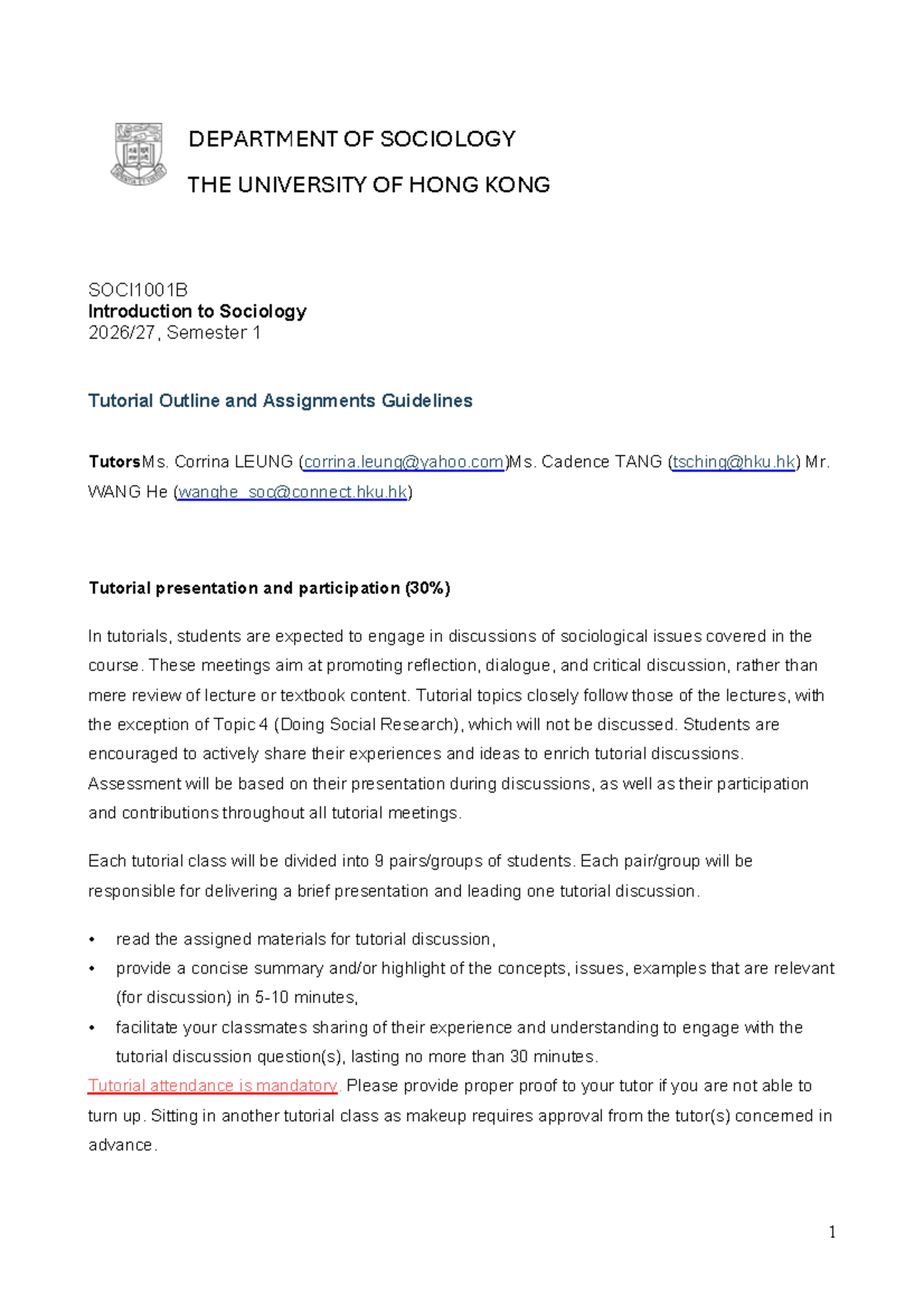 SOCI1001B Tutorial Outline and Assignments for Semester 1 2026-27 - Studocu