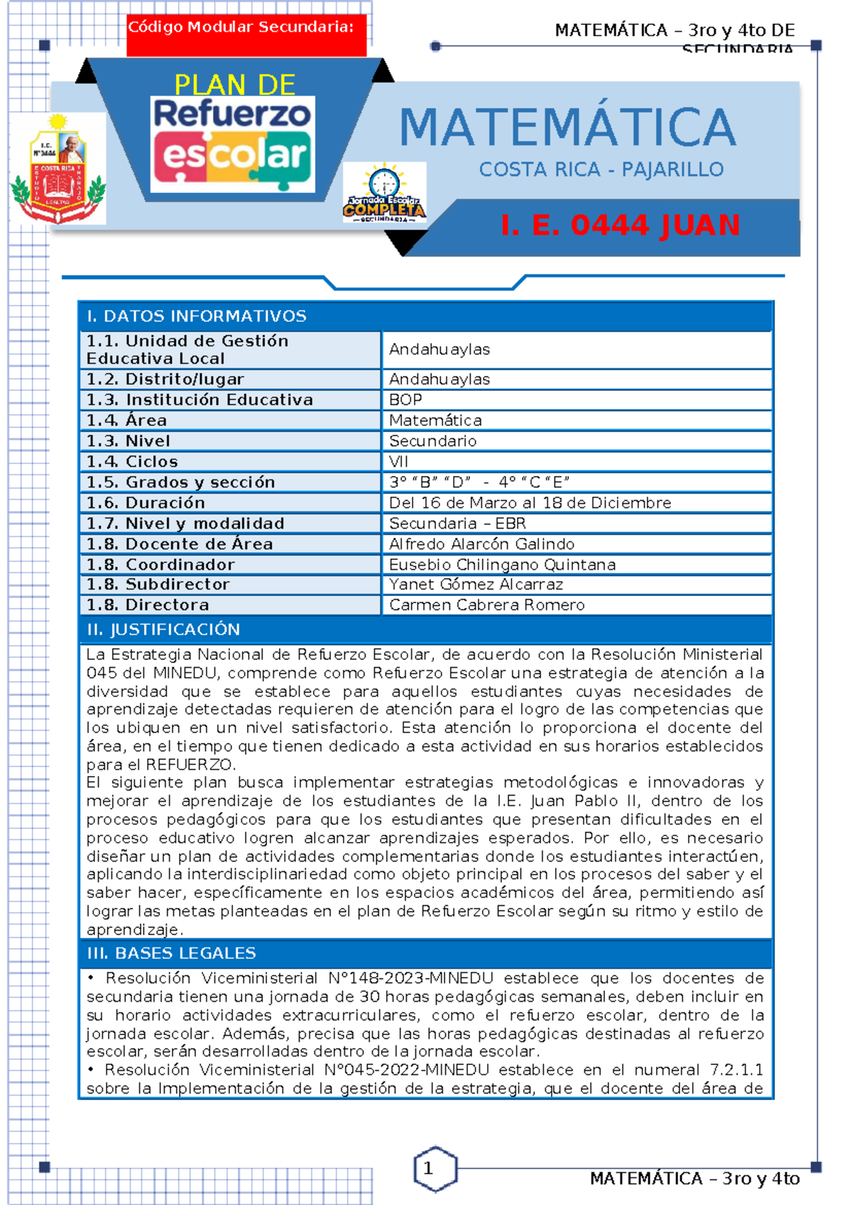 PLAN DE REFUERZO ESCOLAR DE MATEMÁTICA 3ro y 4to 2026 - Document Preview