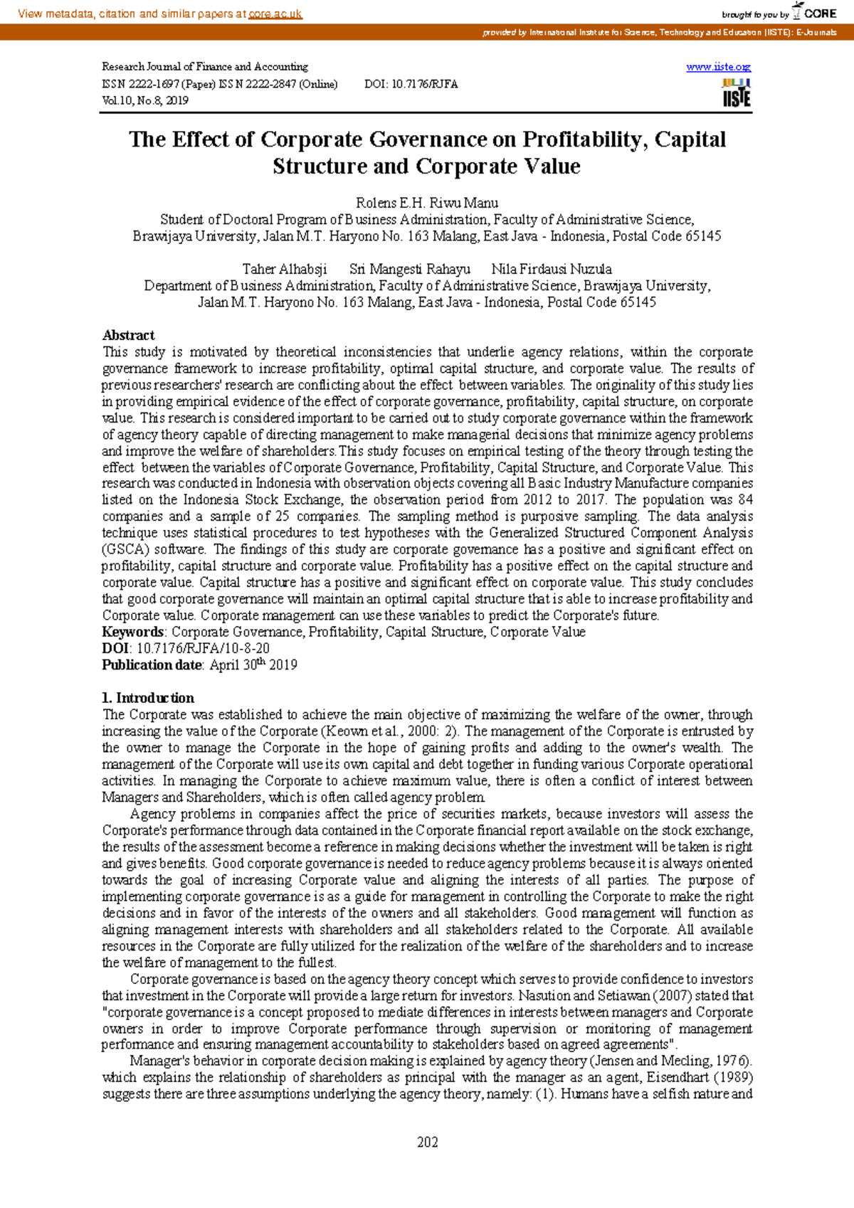 The Effect of Corporate Governance on Profitability and Value (IISTE ...