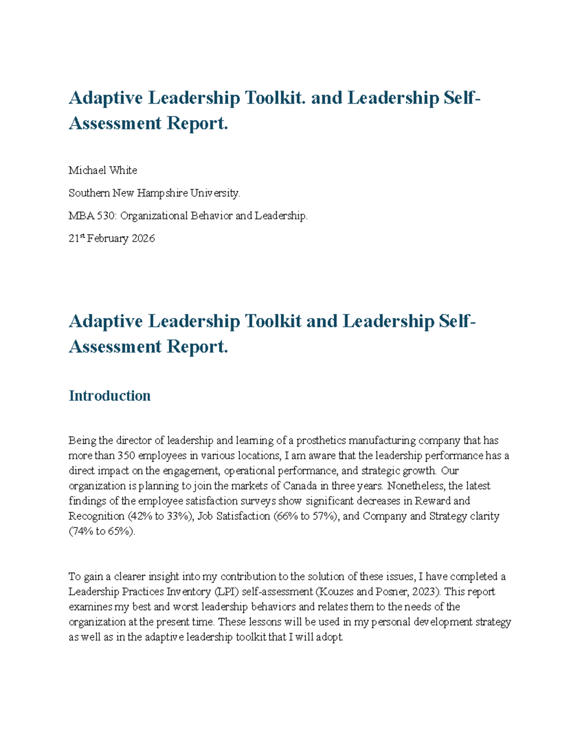 MBA 530: Adaptive Leadership Toolkit & Self-Assessment Report - Studocu