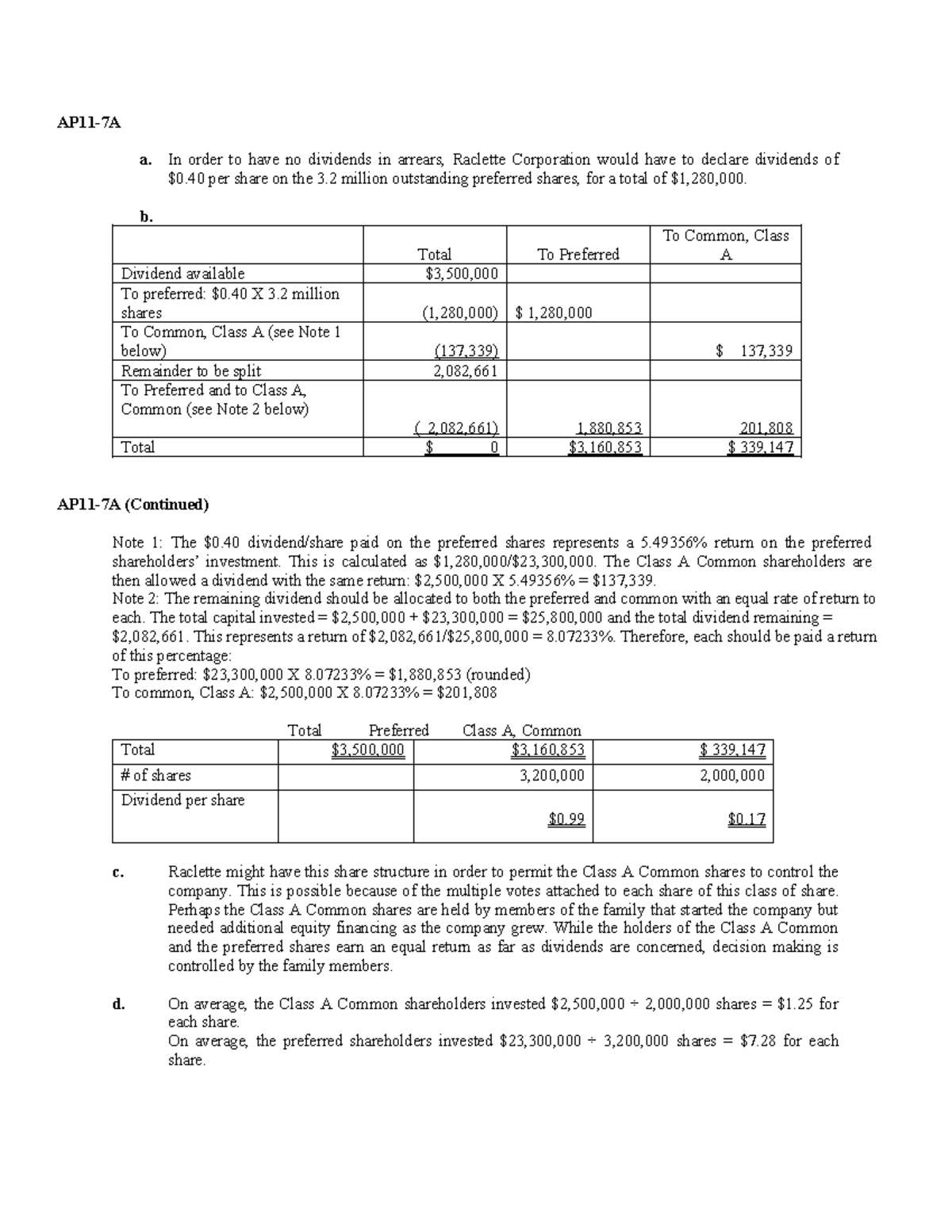 AP11-7A: Chapter 11 Assignment Solutions and Preferred Dividends ...