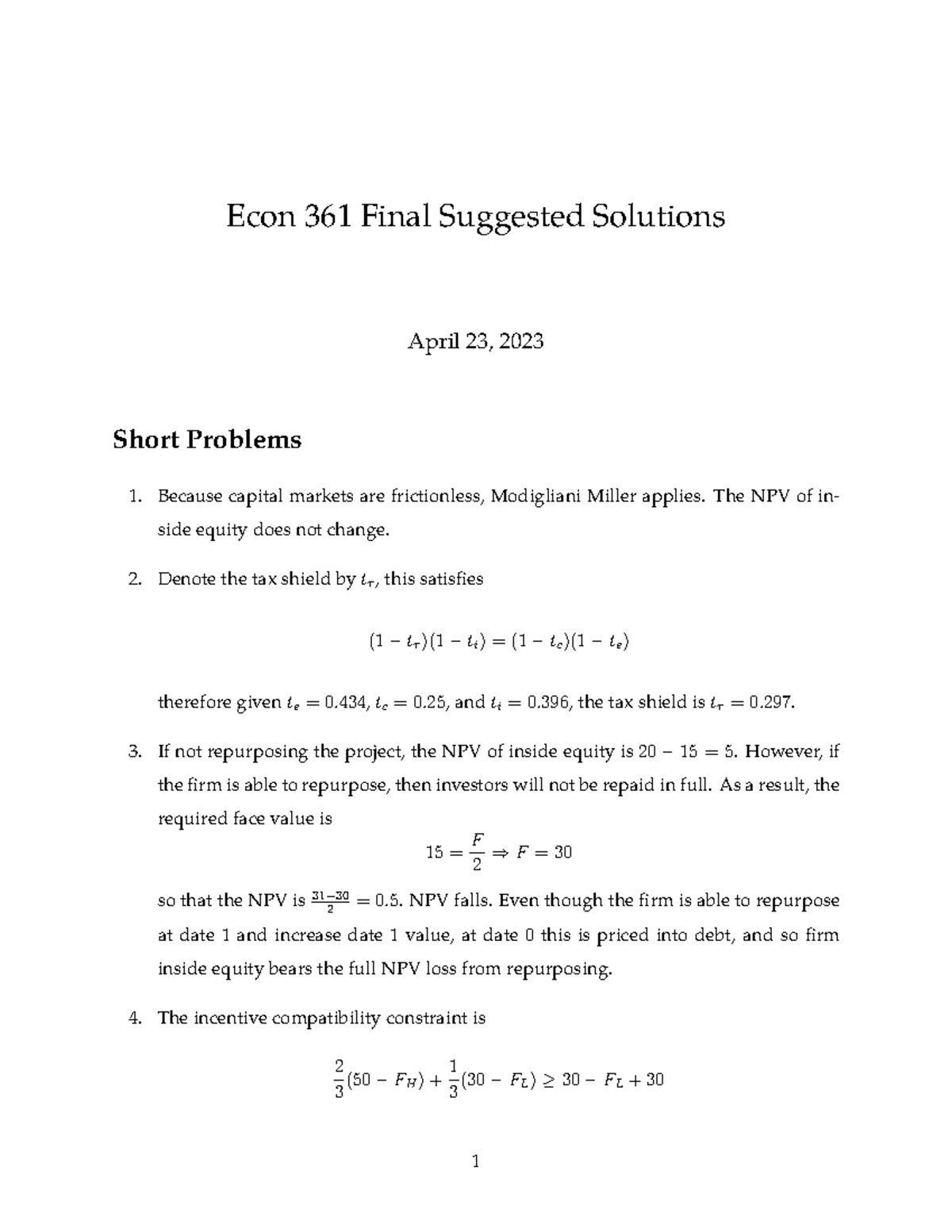 Econ 361 Final Exam Suggested Solutions - April 2023 - Econ 361 Final ...