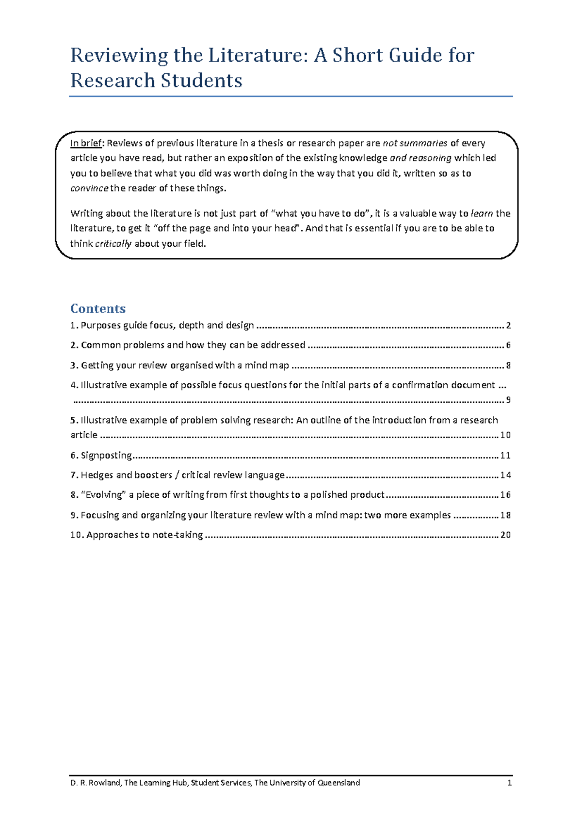 Guide literature review research students - Reviewing the Literature: A ...