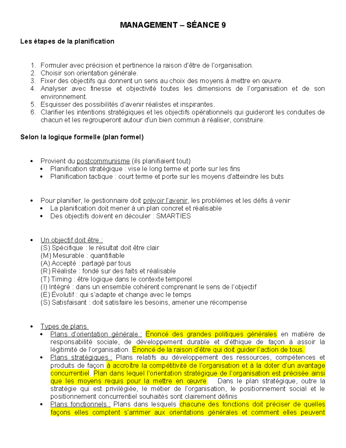 PODC résumé - MANAGEMENT – SÉANCE 9 Les étapes de la planification 1 ...