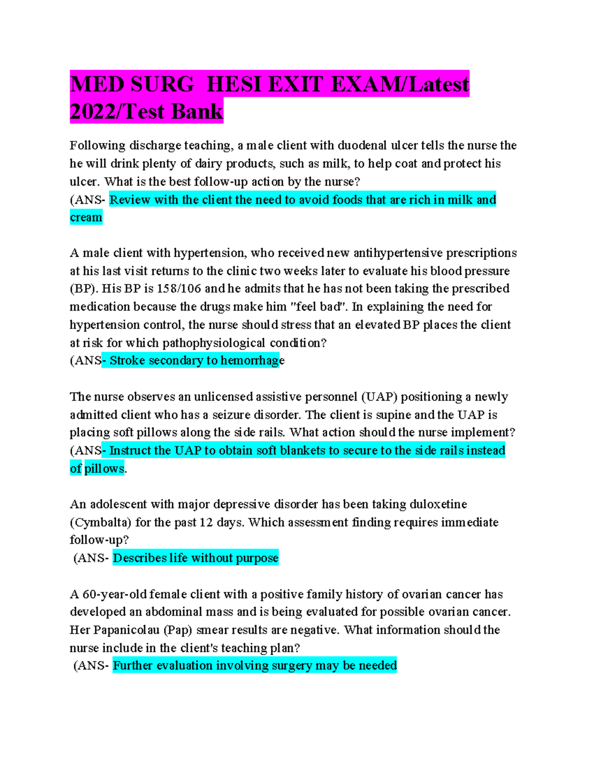 Med Surg HESI Exit Exam 2022 Test Bank with Rationales Guide - Studocu