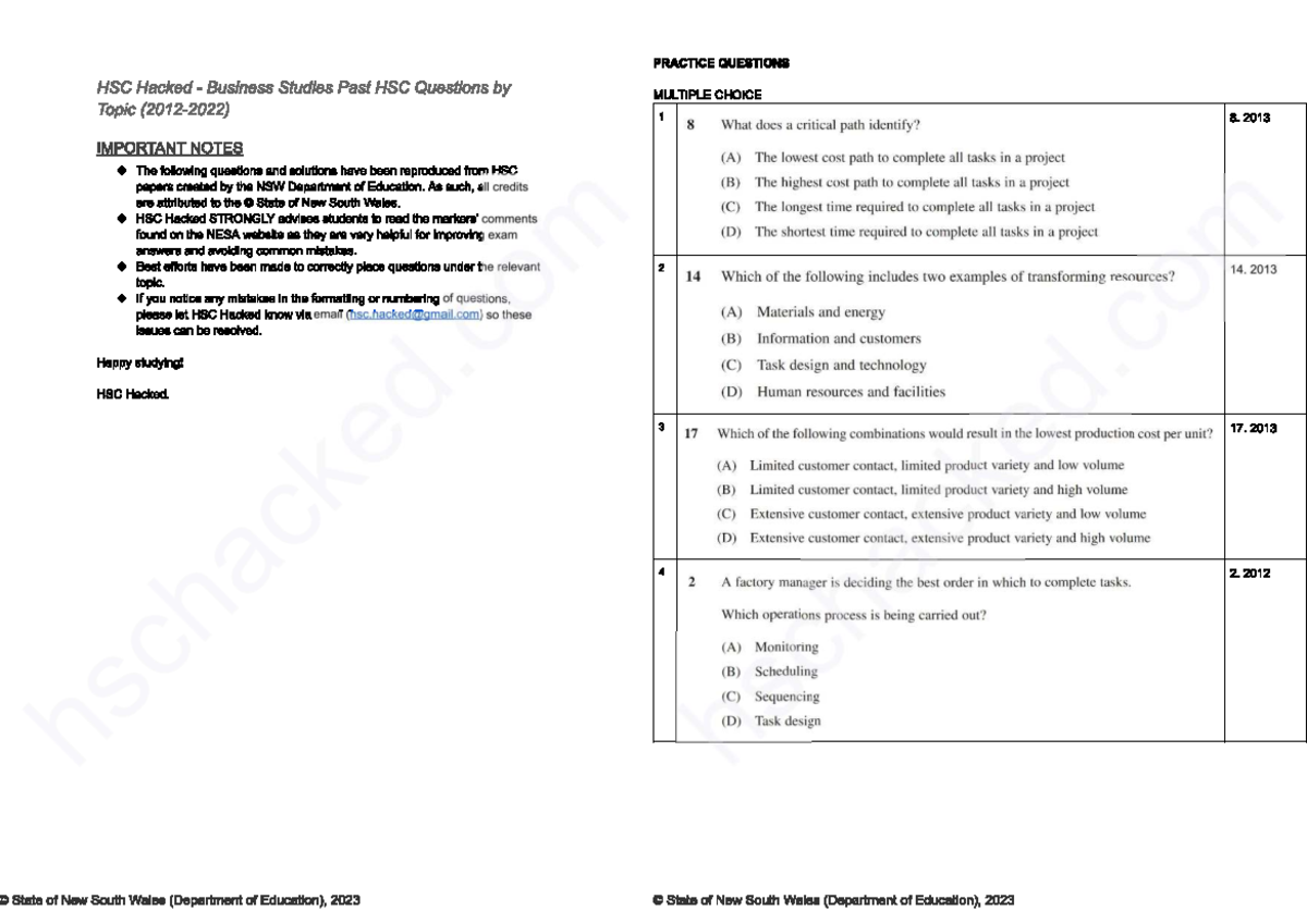 HSC Business Studies Practice Questions: Operations Processes Insights ...