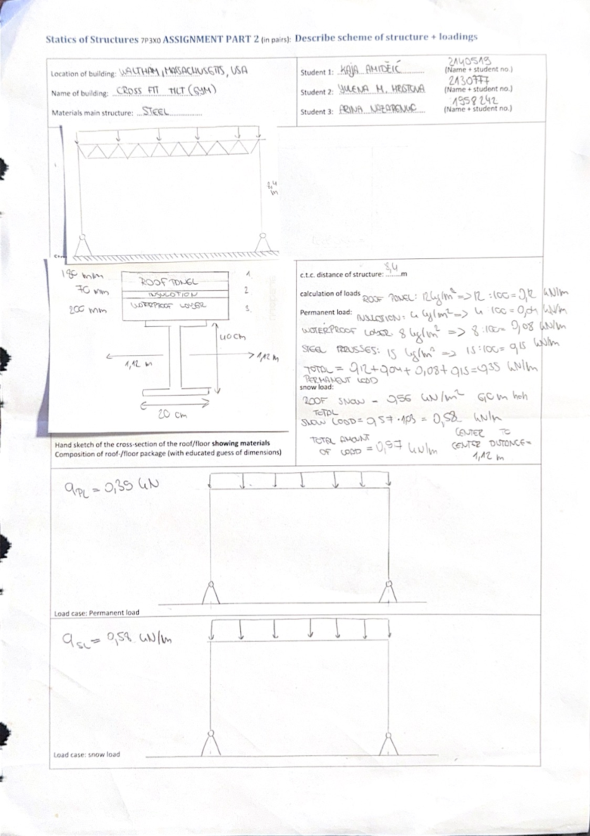 Struct Load Analysis for 7P3X0 Assignment 2: Waltham, MA - Studeersnel