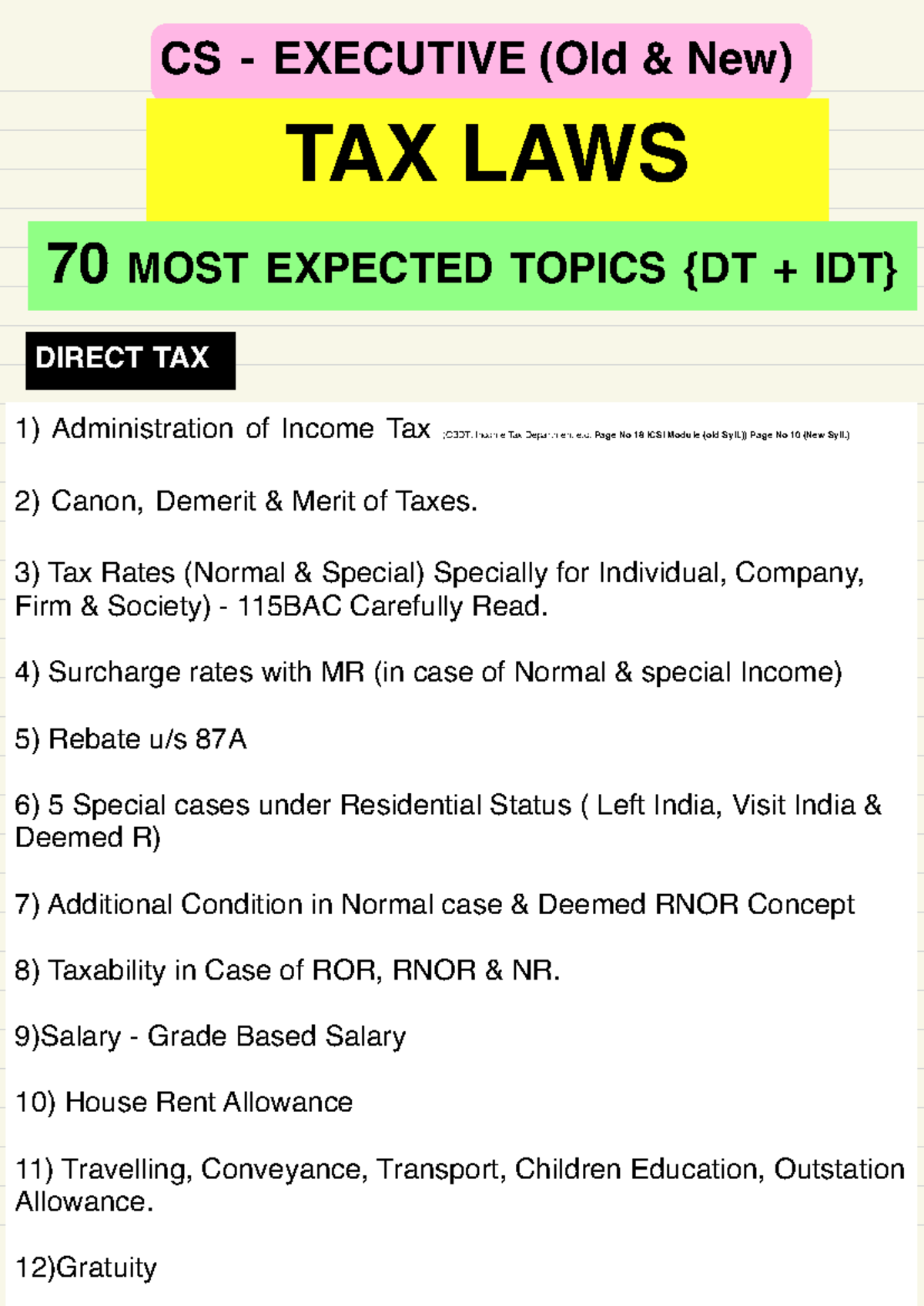 70 Most Expected Topics in Direct & Indirect Tax for CS Executive - Studocu