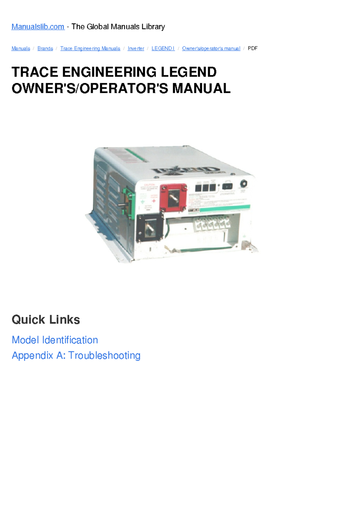 Trace Engineering LEGEND I Inverter Manual: Safety & Installation Guide ...