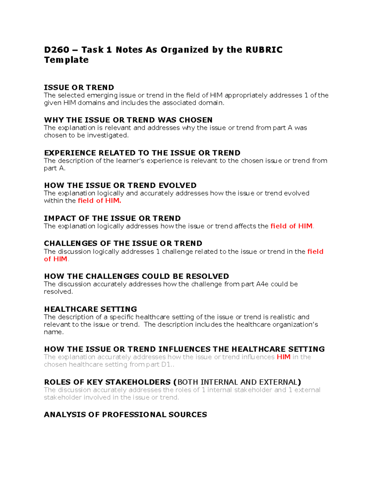 D260 - Task 1 Notes: Analyzing Trends in HIM and Their Impact - Studocu