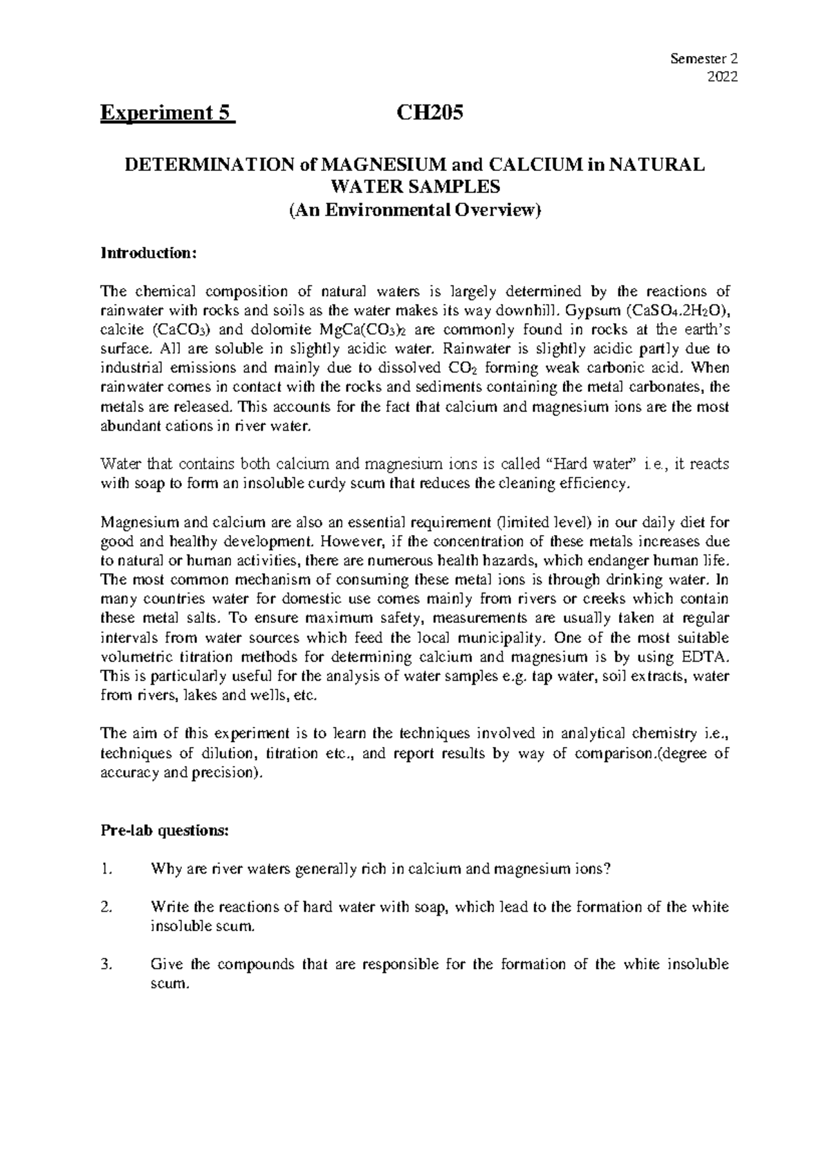 CH205 Experiment 5: Mg & Ca Determination in Natural Water Samples ...