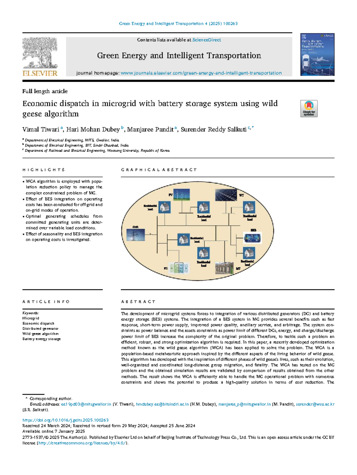 Economic Dispatch in Microgrid with Battery Storage: WGA Approach (EE ...