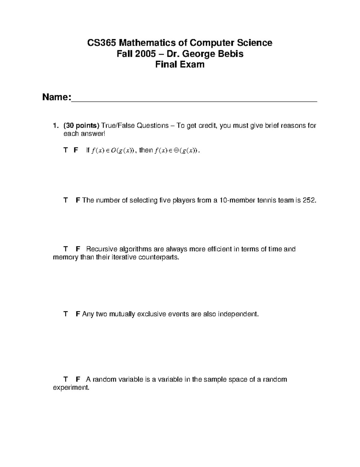 CS365 Final Exam Sample - Mathematics of Computer Science (Fall 2005 ...