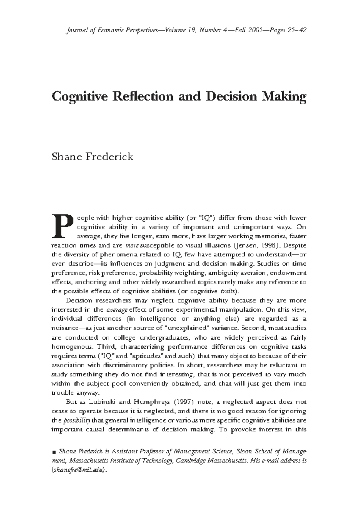 Cognitive Reflection and Decision Making: Insights from Frederick 2006 ...
