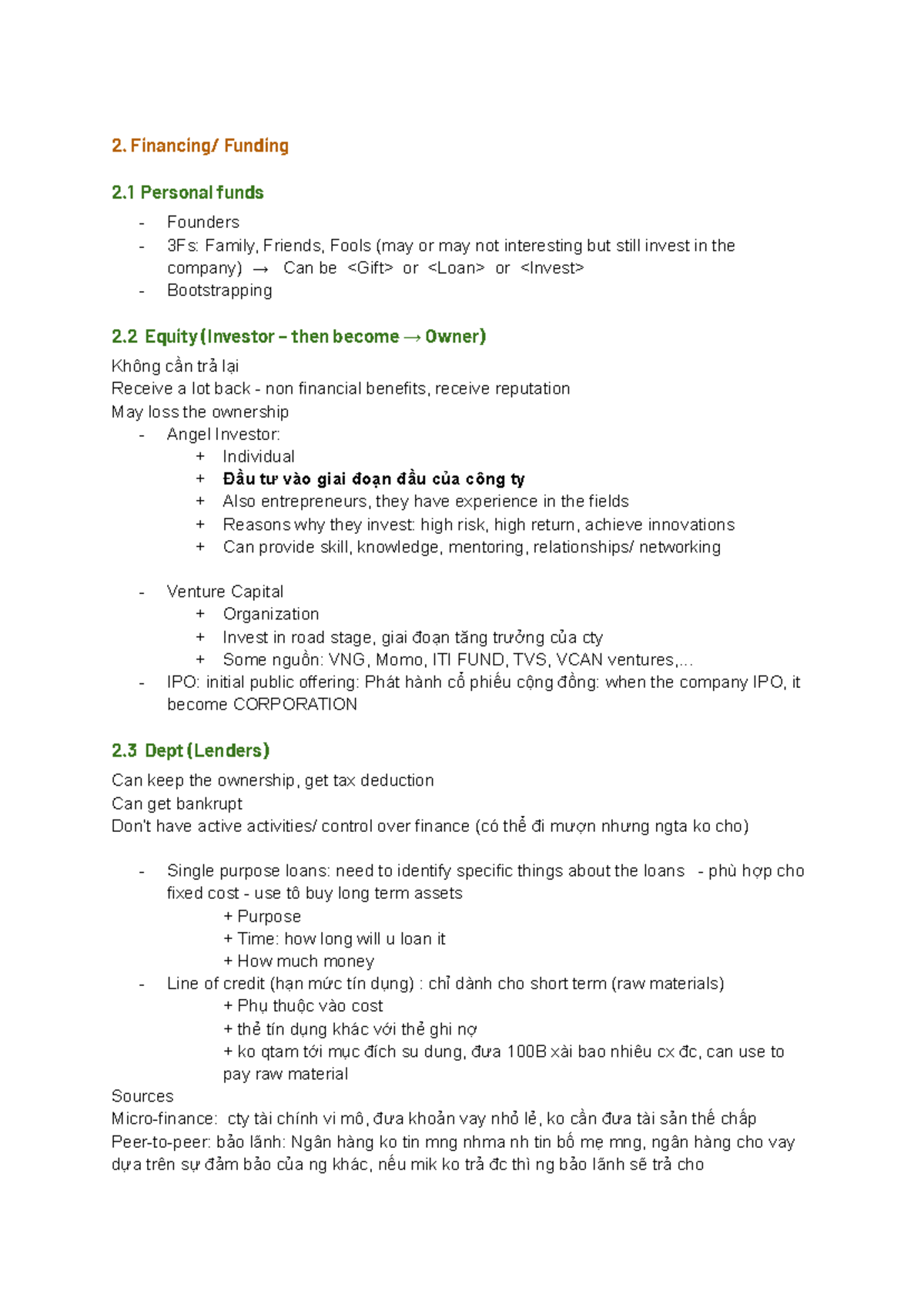 LE Notes - finance part - 2. Financing/ Funding 2 Personal funds ...