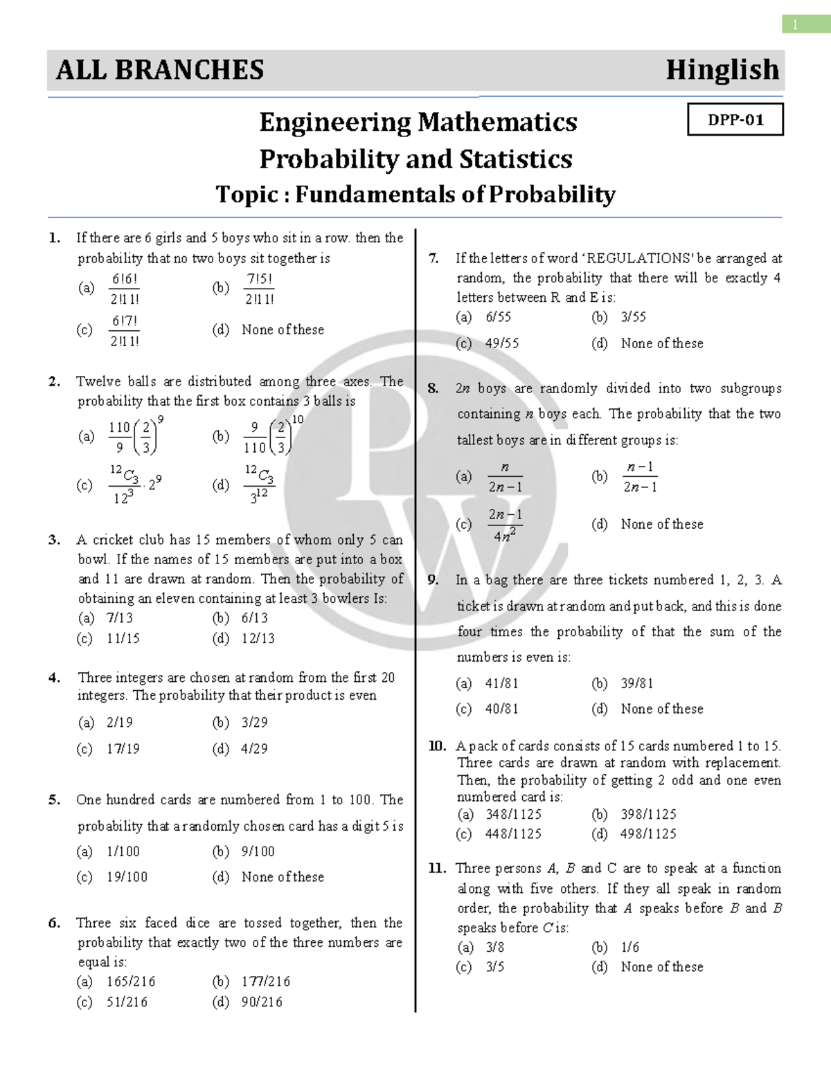 Probability and Statistics DPP 01 - ALL BRANCHES Hinglish Engineering ...