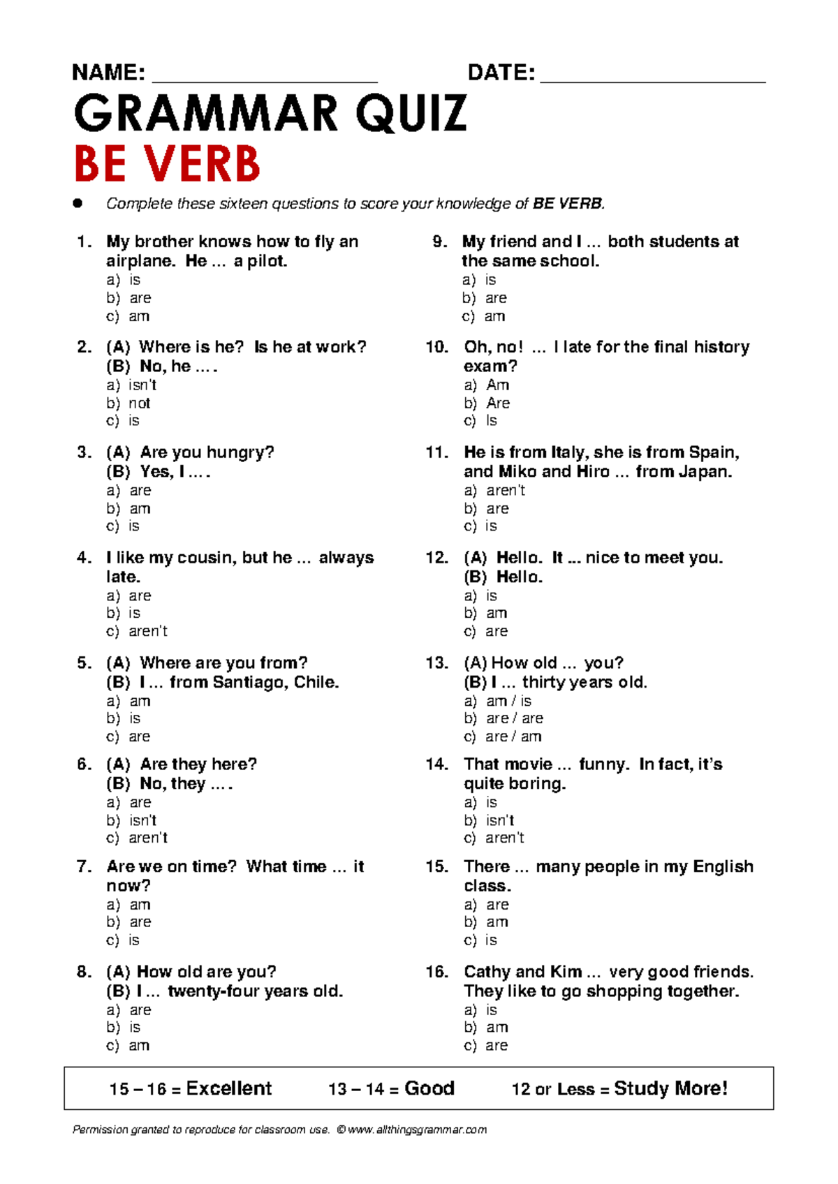 VERB TO BE Grammar QUIZ - practica verbo to be - NAME ...