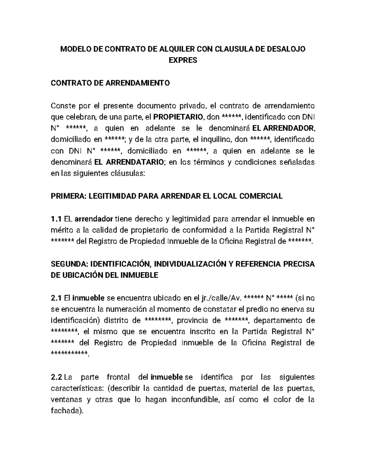 Modelo de Contrato de Alquiler con Cláusula de Desalojo Expres - Document Preview