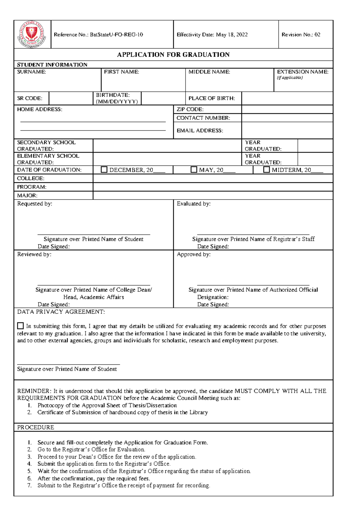 Bat State U-FO-REG-10 Application for Graduation Form Rev. 02 - Studocu