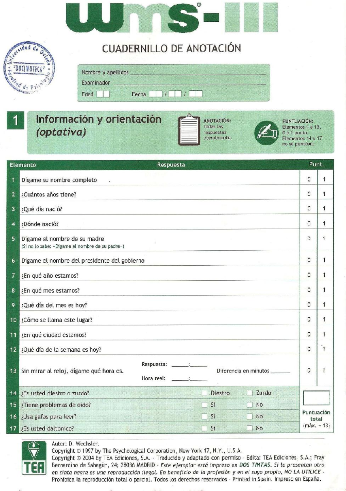WMS-III: Cuadernillo de Anotación y Puntuación para Evaluación - Document Preview