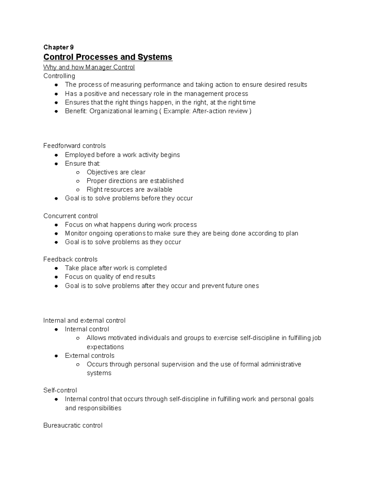 Management chapter 9 - Lecture notes 9 - Chapter 9 Control Processes ...