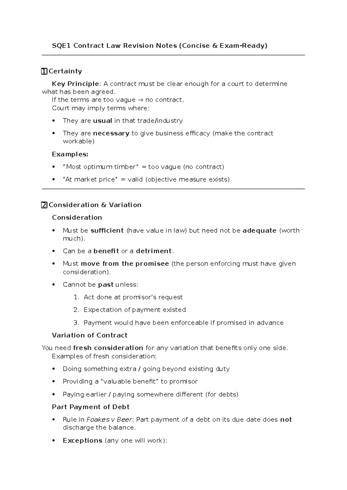 SQE1 Contract Law Revision Notes: Key Principles & Concepts - Studocu