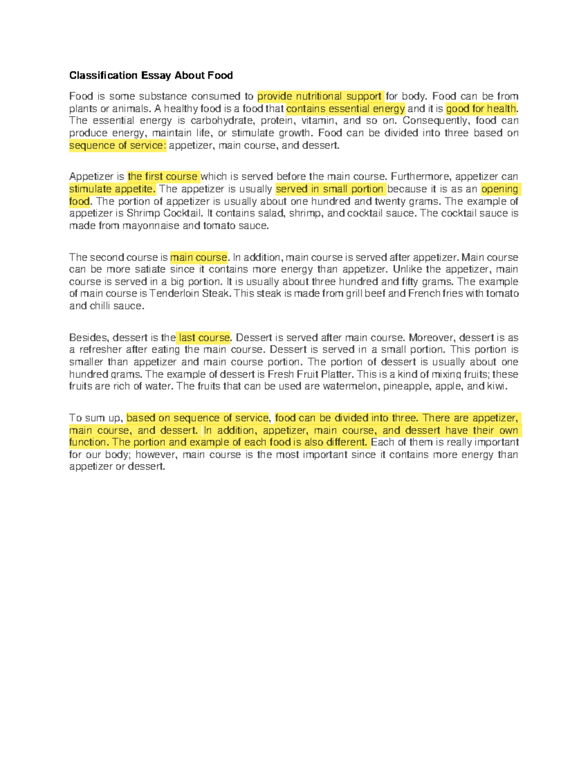 Classification Essay on Food: Appetizers, Main Courses, and Desserts ...