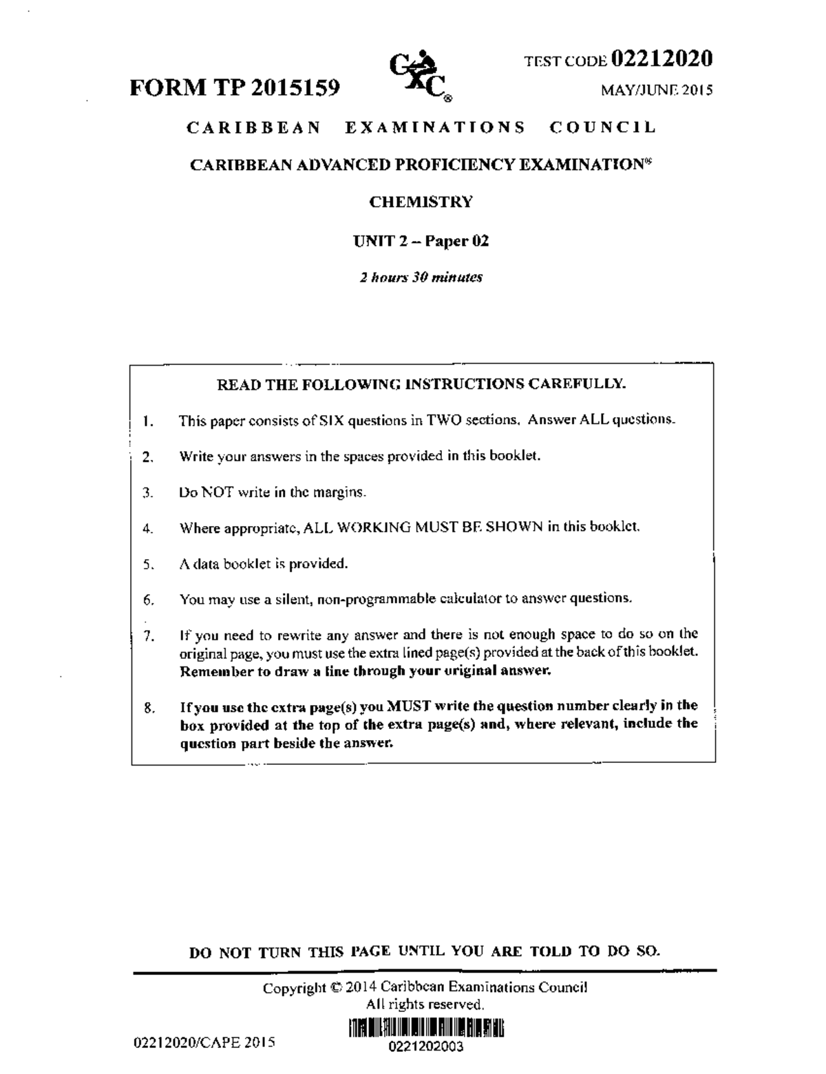 Chemistry 2015 CAPE Unit 2 Paper 02 Exam Instructions and Questions ...