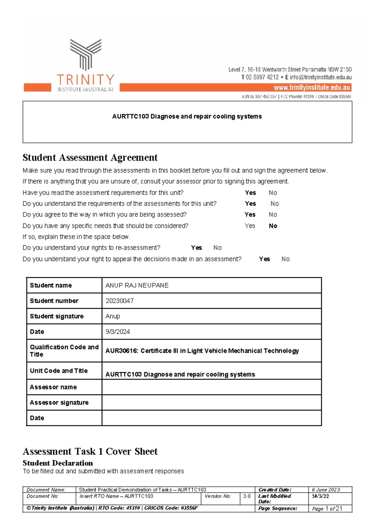 Assessment Agreement and Practical Demonstration for AURTTC103 - Studocu