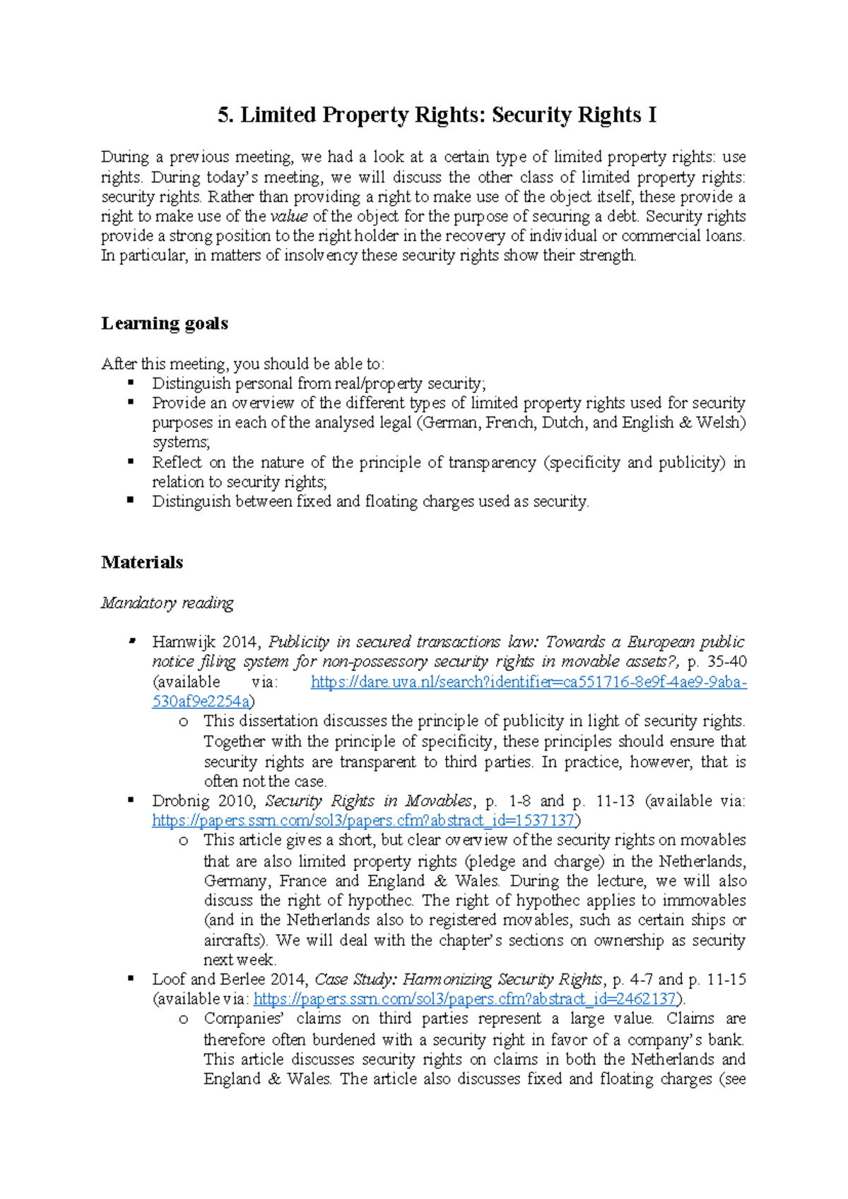 Lecture 5: Security Rights I - Overview, Goals & Reading Materials ...