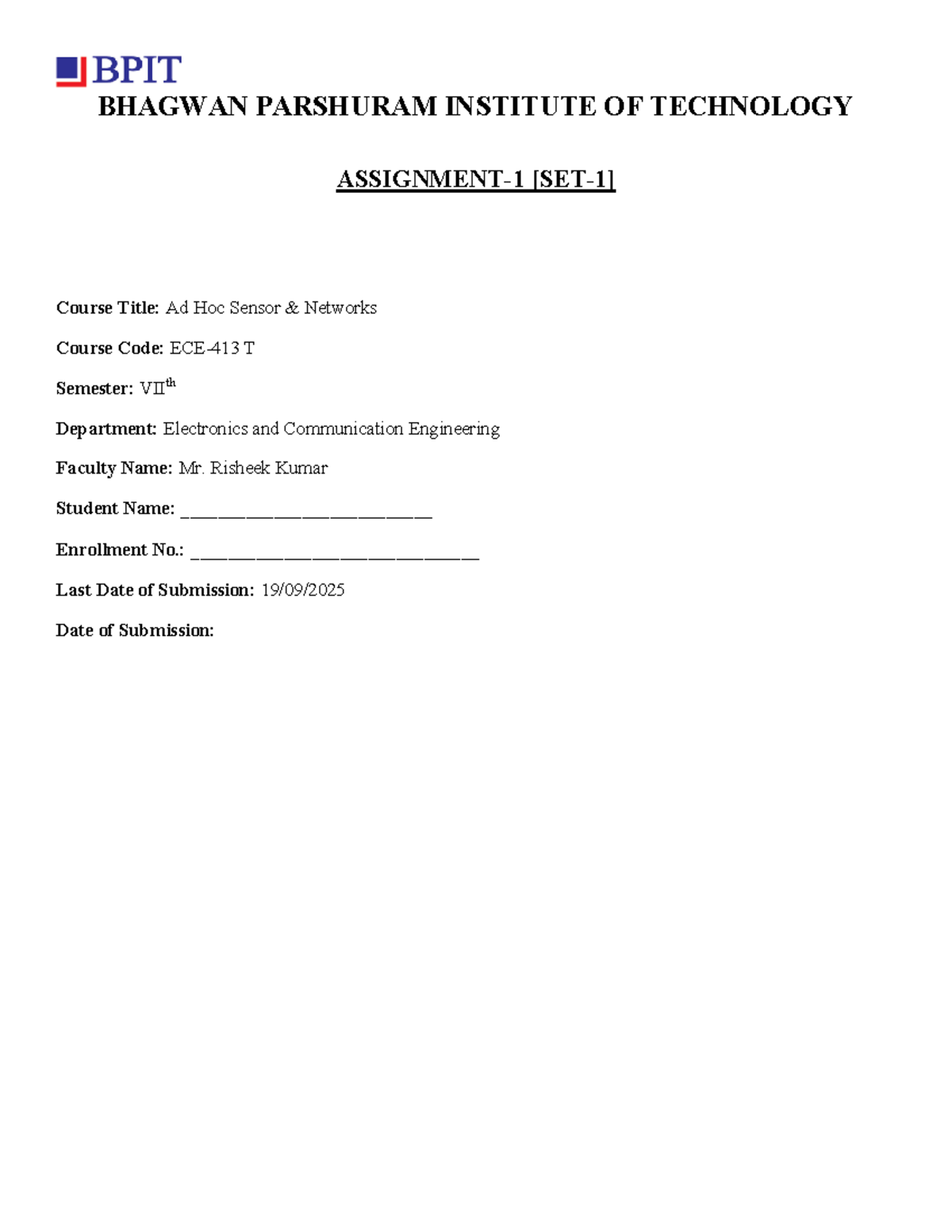 Ad Hoc Sensor Networks Assignment T - Unit 1 Set 01 - Studocu