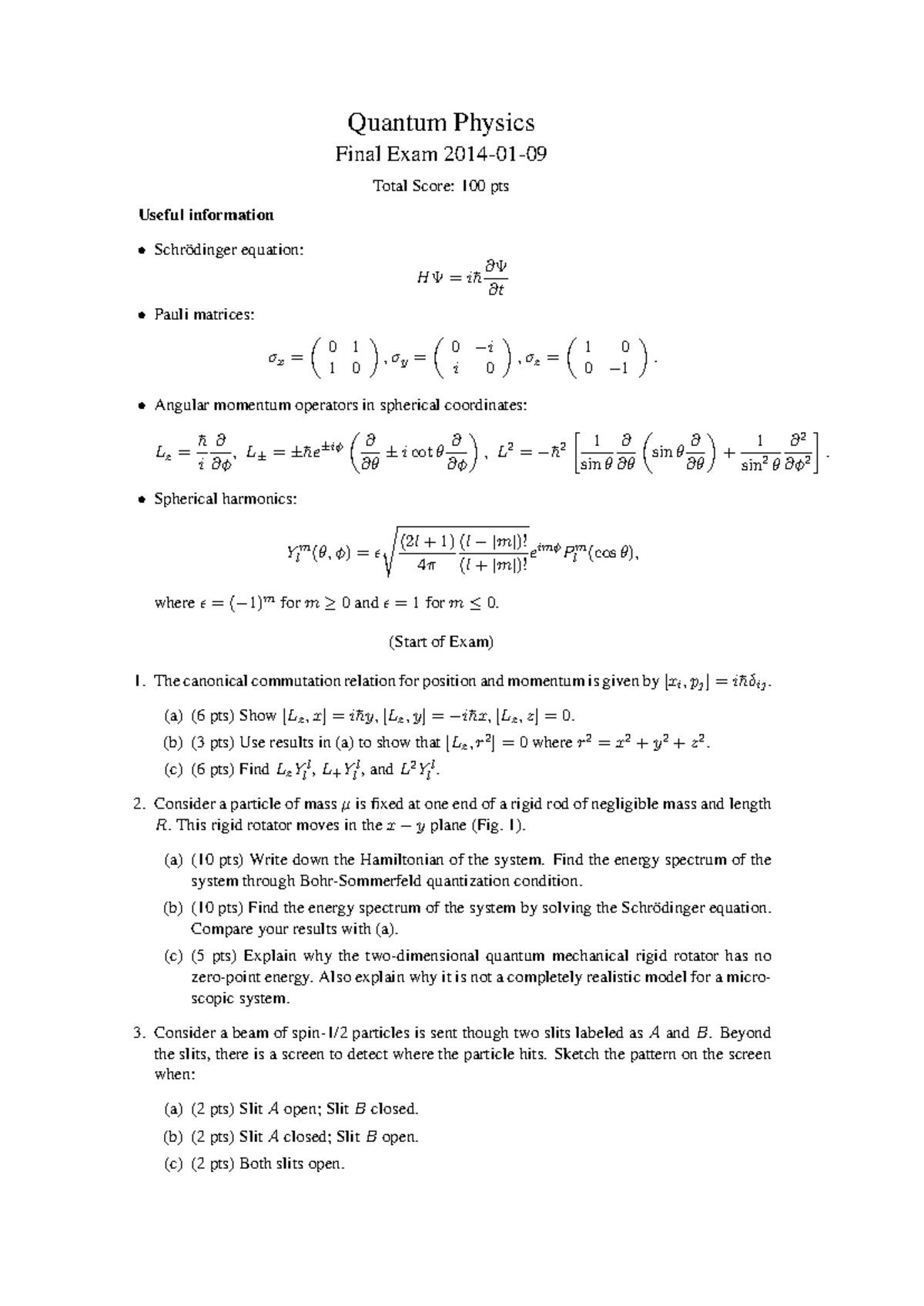 Final Exam 20 9 January 14-01-09, questions and answers - Quantum ...